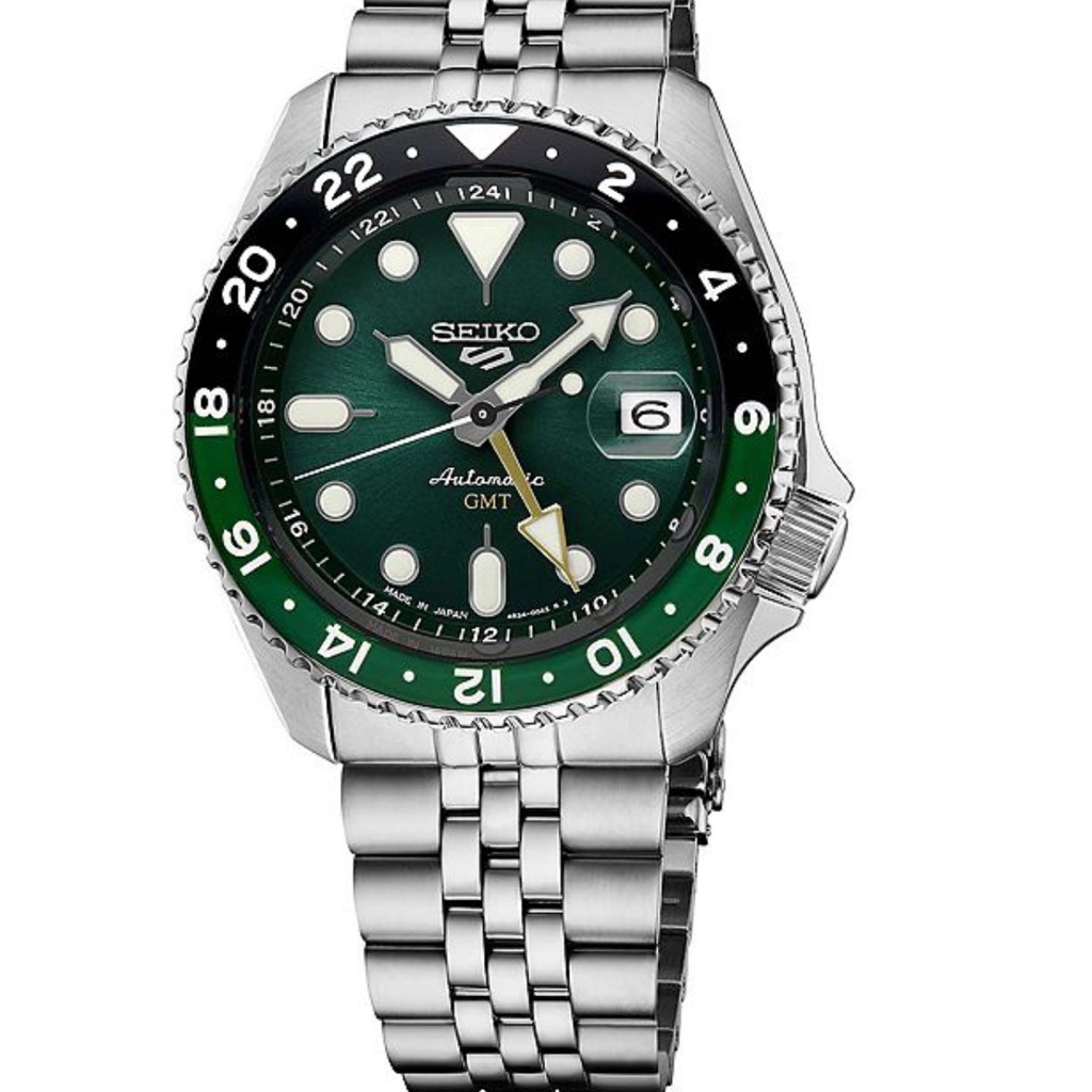 Mens Seiko 5 Sports Green Dial Gmt Stainless Steel Automatic Watch  Ssk035